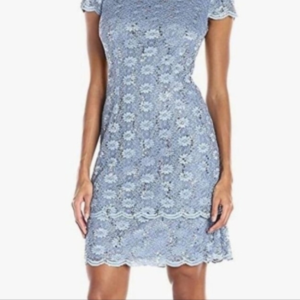 Alex Evenings Lace Sequins Cap Sleeve Blue Cocktail Dress Size 10
